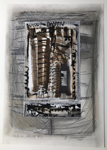 Oeuvre de Catherine Yoamans-Schmid, "Unter der Strasse", 1992, technique mixte mêlant acrylique, dessin et collage.