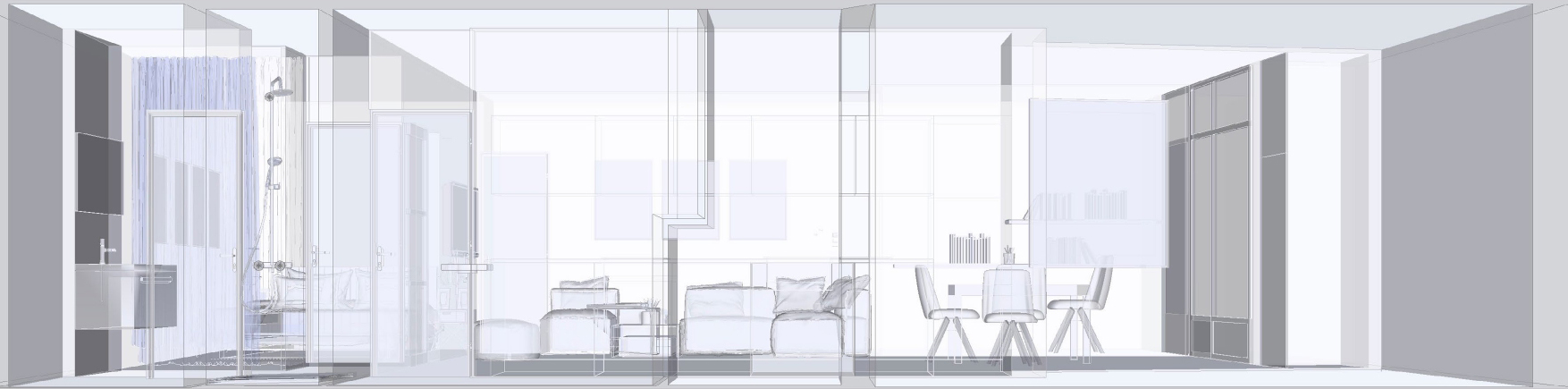 Elévation panoramique d'un appartement, vues sur les espaces de vie et de la cuisine.
